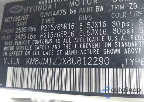 2008 Hyundai Tucson Gls из США, поврежденный, VIN KM8JM12BX8U812290